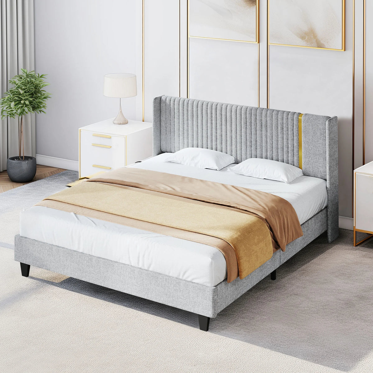 Upholstered Wingback King Bed Frame with Wood Slats O932