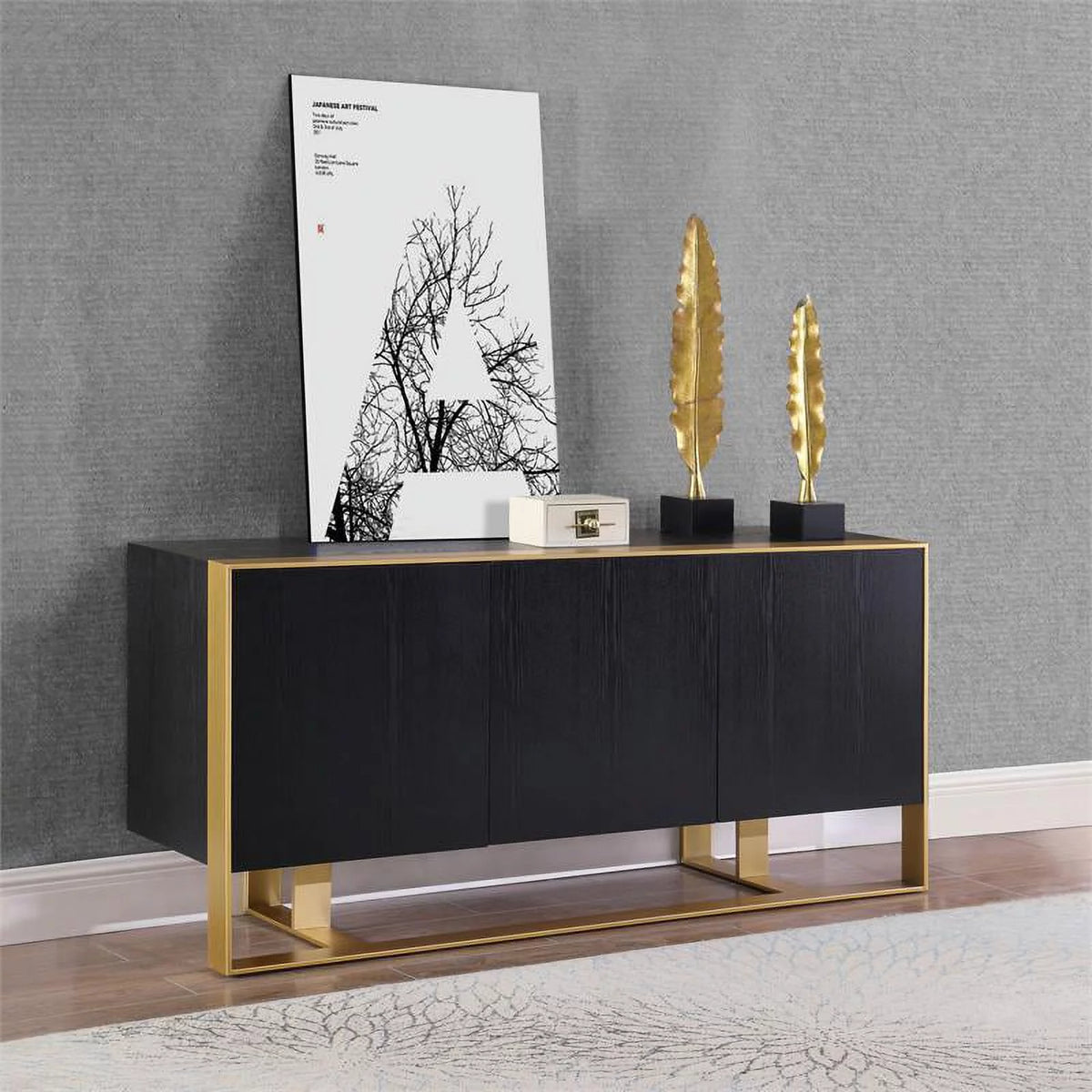Black Oak Wood Veneer Sideboard and Buffet J482