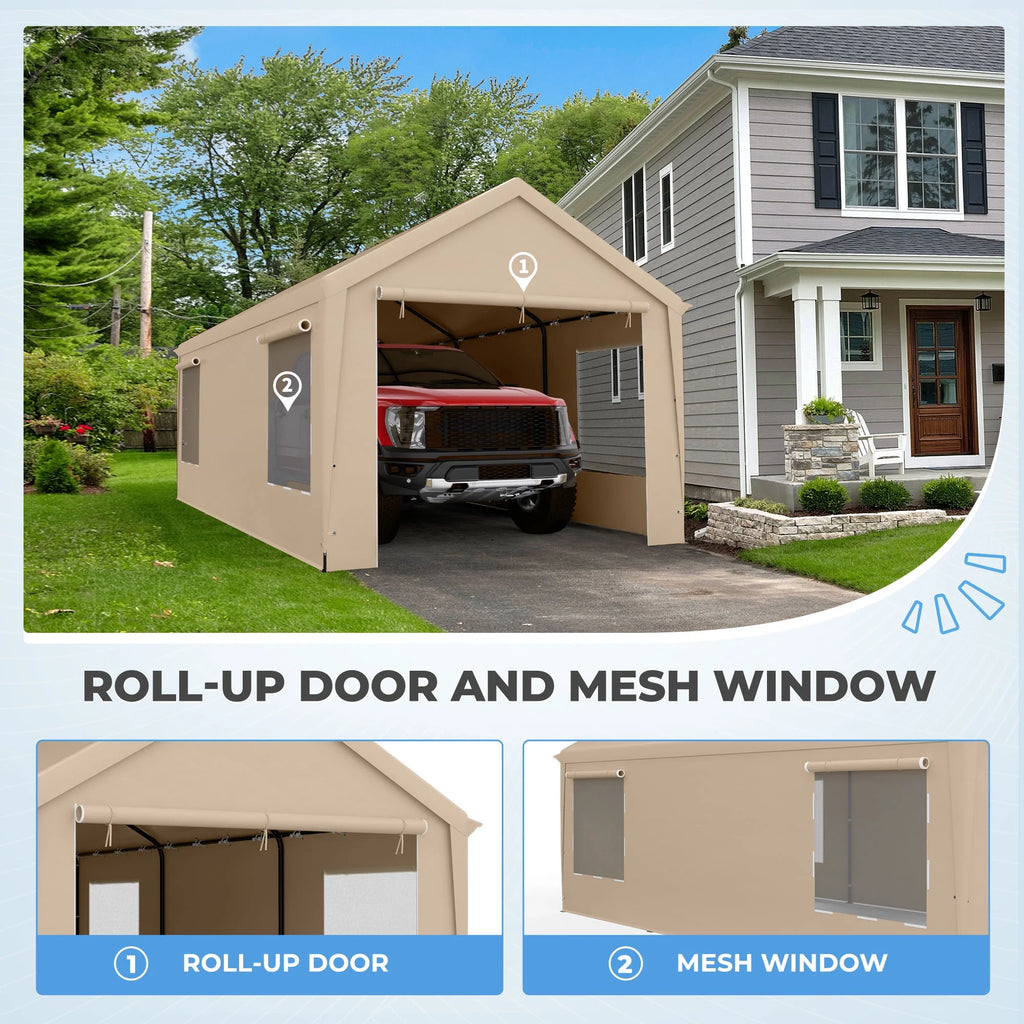 12 x 20 ft Heavy Duty Steel Carport Canopy with Window, Beige F9663