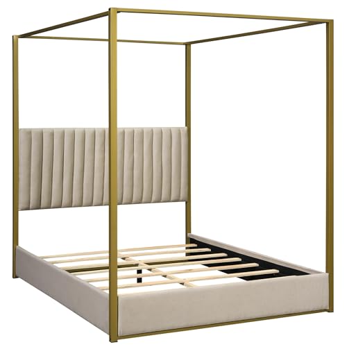 Queen Size Beige Upholstered Canopy Platform Bed Frame I13171