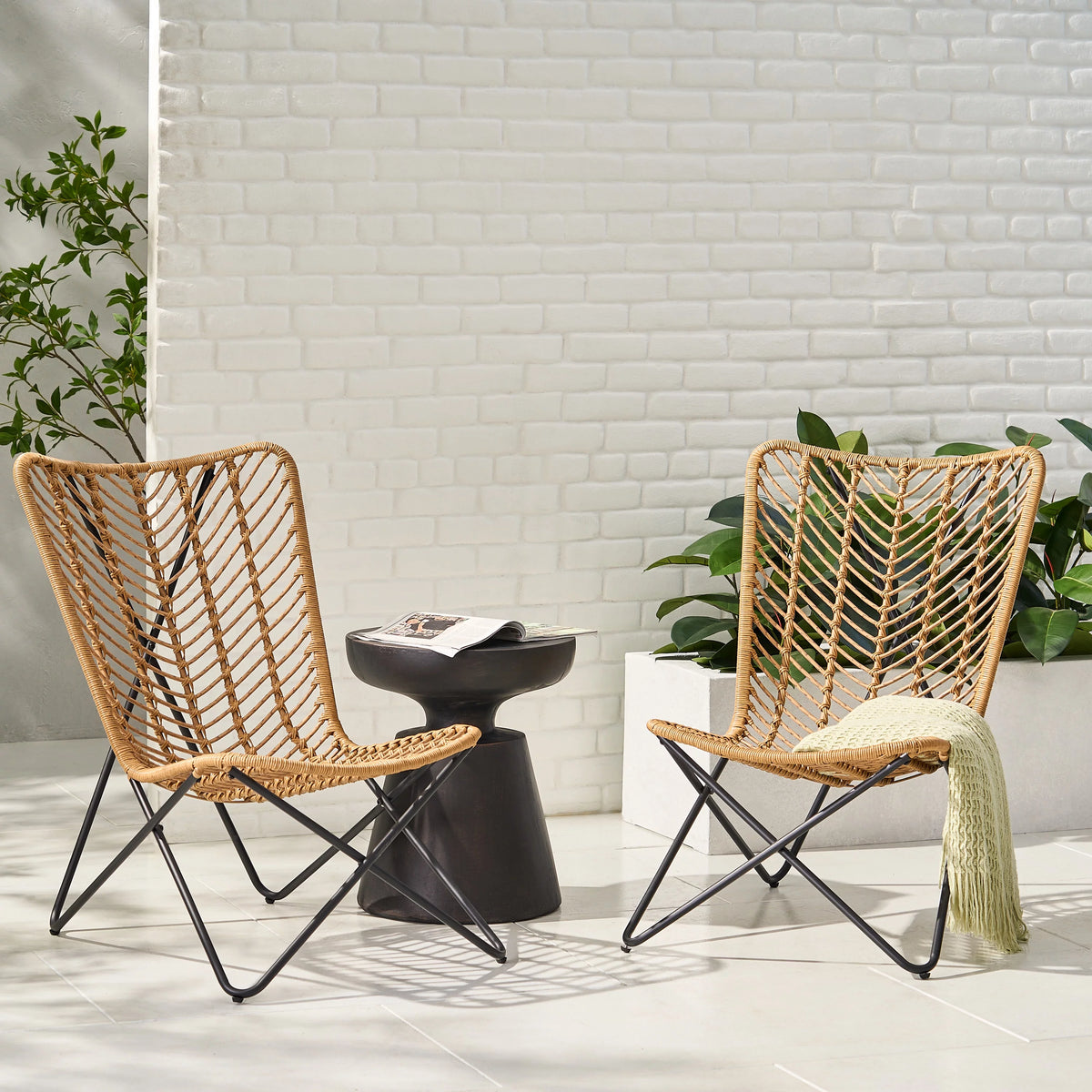Wicker Outdoor Accent Chairs, Set of 2, Light Brown and Black Y263839