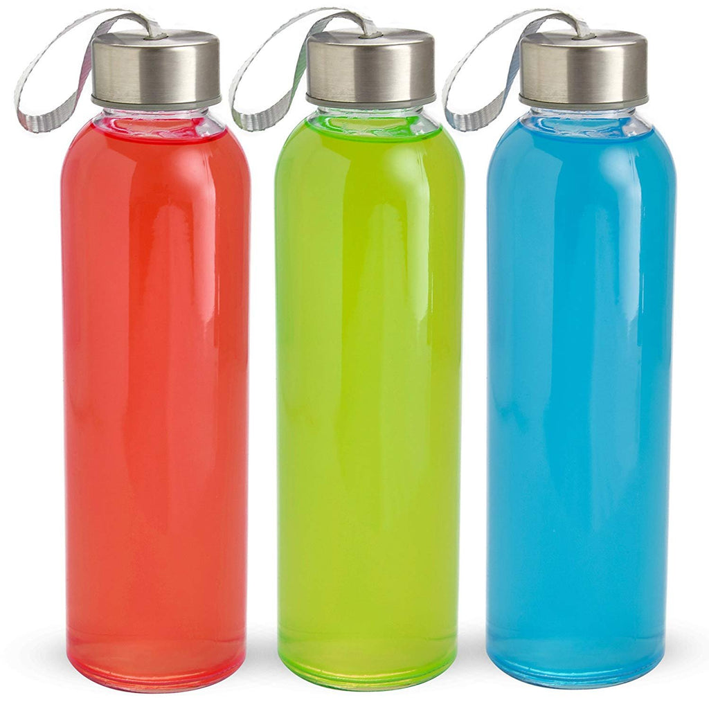 Glass Water Bottle with Lids and Sleeves, 18 oz Pack of 6 A51300