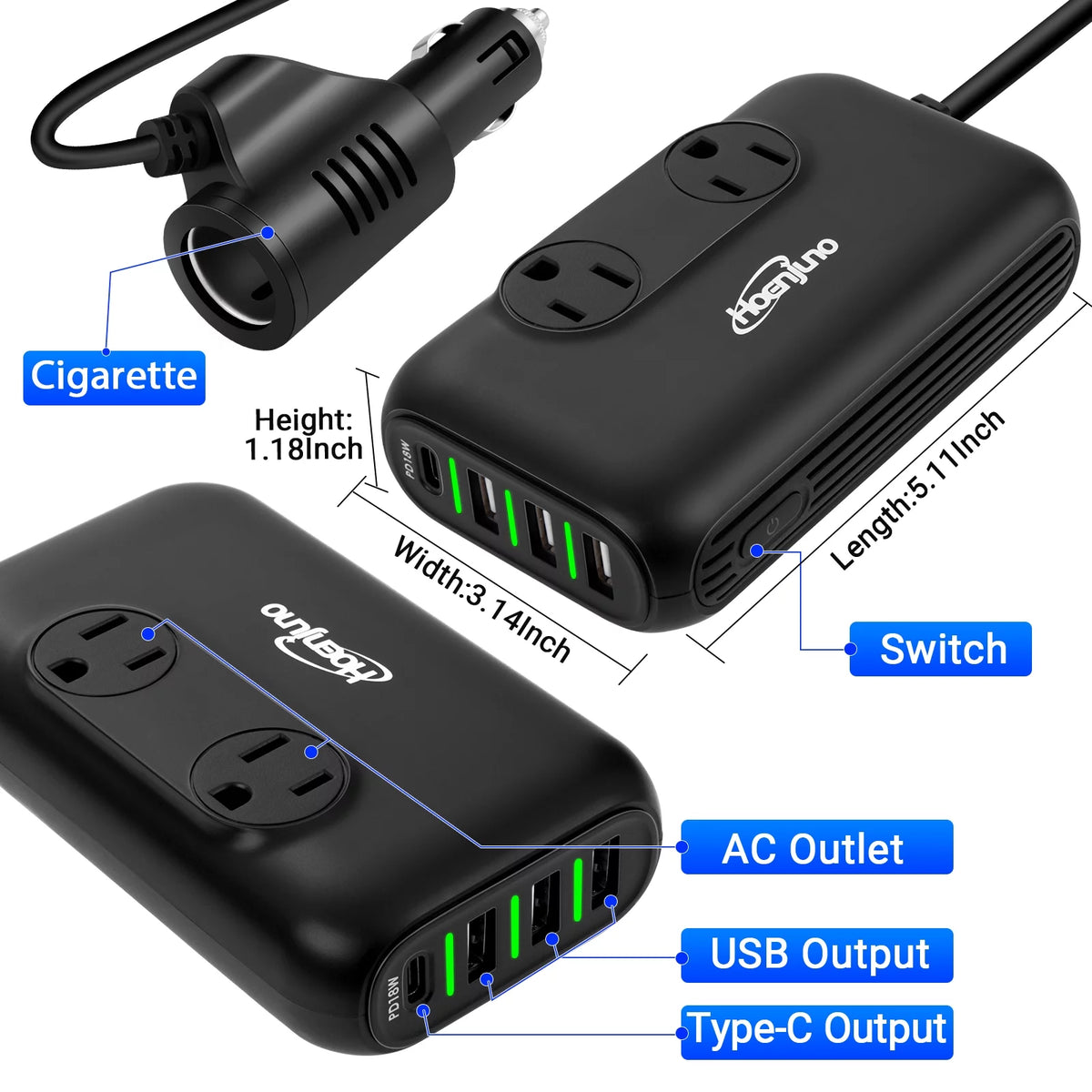 200W Car Power Inverter DC 12V to 110V AC with 3 USB Ports J703