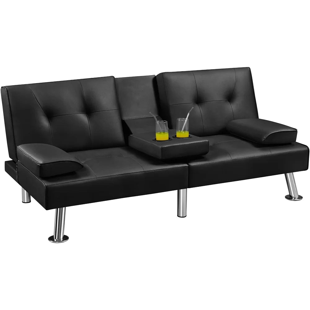 Black Faux Leather Convertible Futon Sofa Bed with Cup Holders U1668