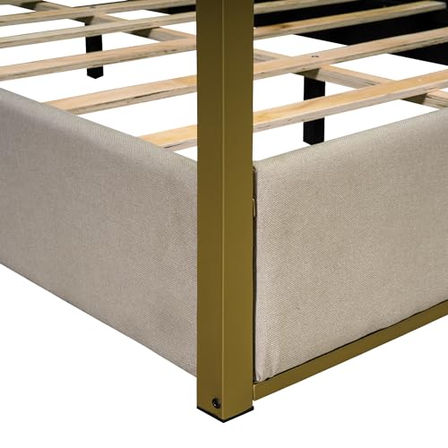 Queen Size Beige Upholstered Canopy Platform Bed Frame I13171