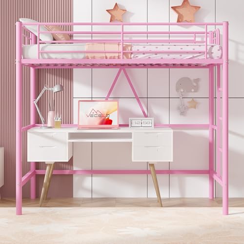 Pink Twin Size Metal Loft Bed with Ladder and Guardrail A8546