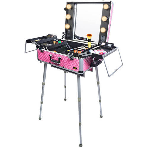 Pink Wheeled Makeup Case and Organizer with Light F959