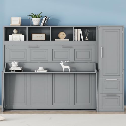 Gray Full Size Murphy Bed with Storage Shelves and Drawers G459305
