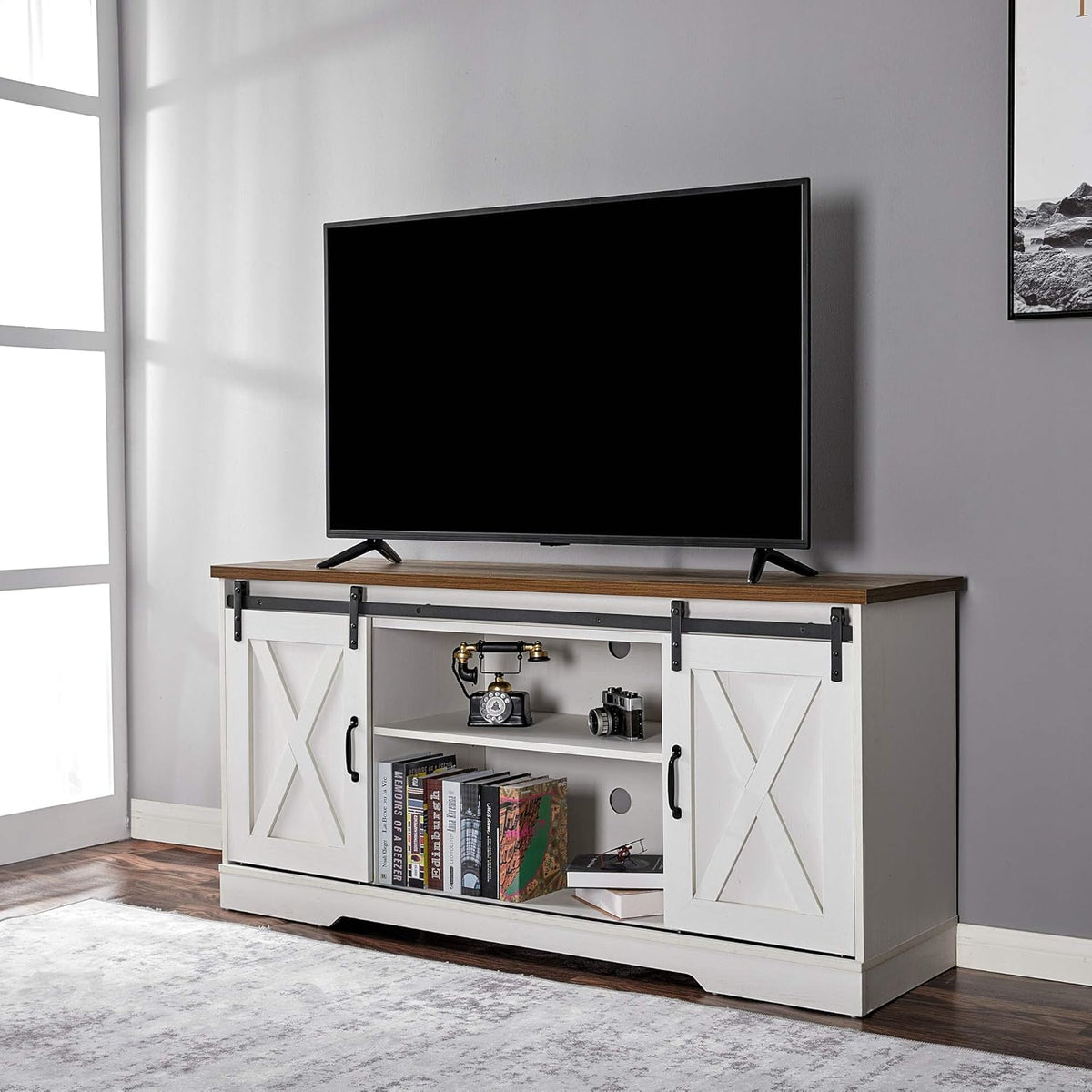 Sliding Barn Door Wood TV Stand with Adjustable Shelves Y688303