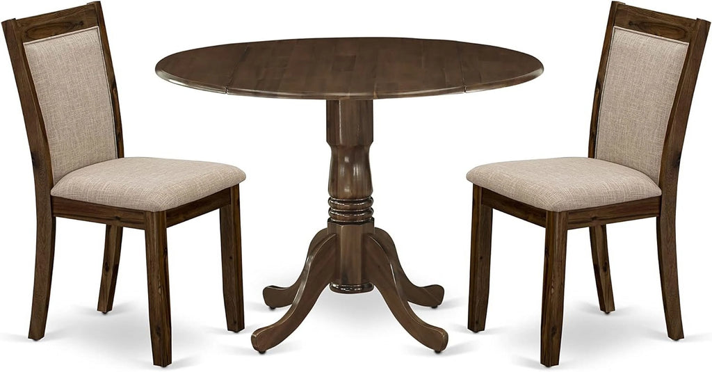 3 Piece Dinette Set with Round Table with Dropleaf and 2 Light Tan Linen Fabric Parsons Dining Chairs N807