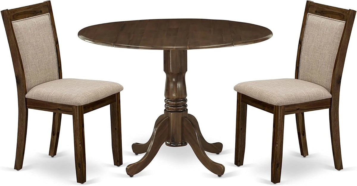 3 Piece Dinette Set with Round Table with Dropleaf and 2 Light Tan Linen Fabric Parsons Dining Chairs N807