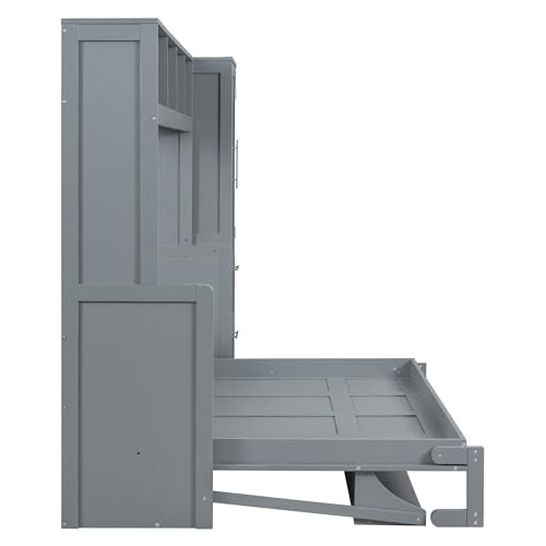 Gray Full Size Murphy Bed with Storage Shelves and Drawers G459305