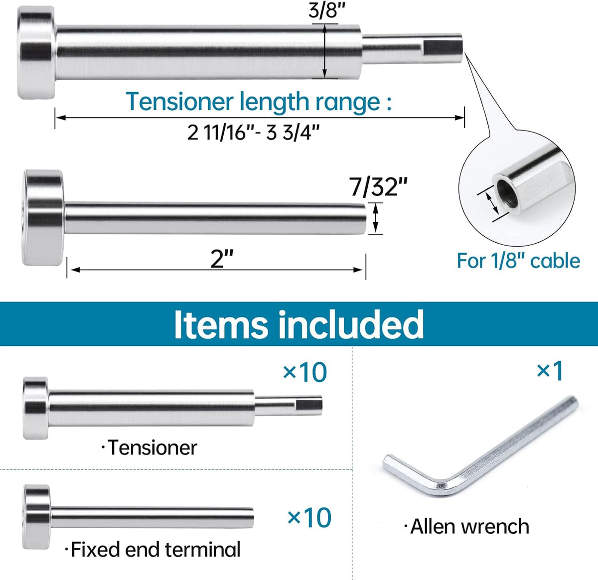 10 Pair Invisible Cable Railing Kit 1/8 Swage Tensioner T316 Stainless Steel A62905