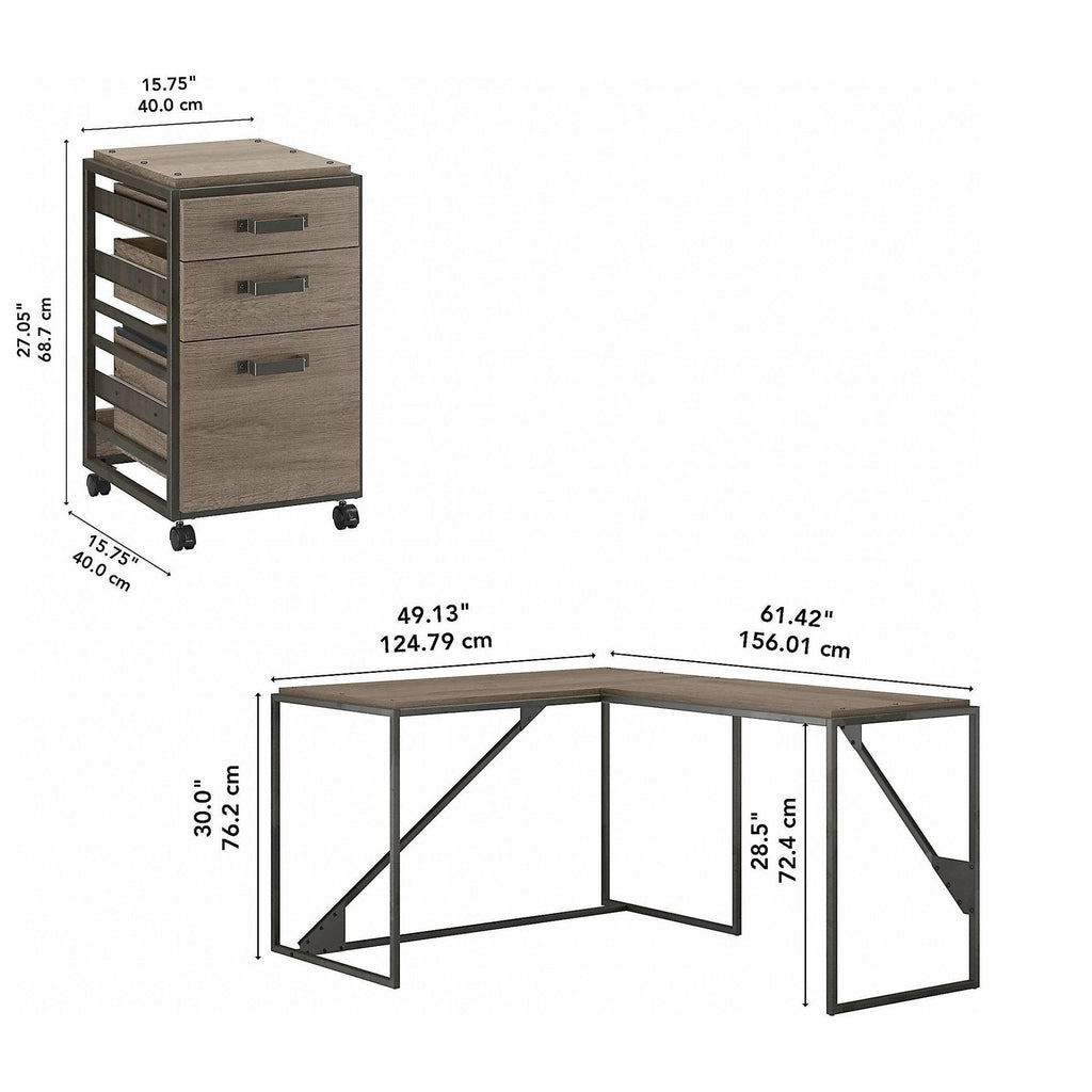 50W L Shaped Industrial Desk with 3 Drawer File Cabinet, Gray T631