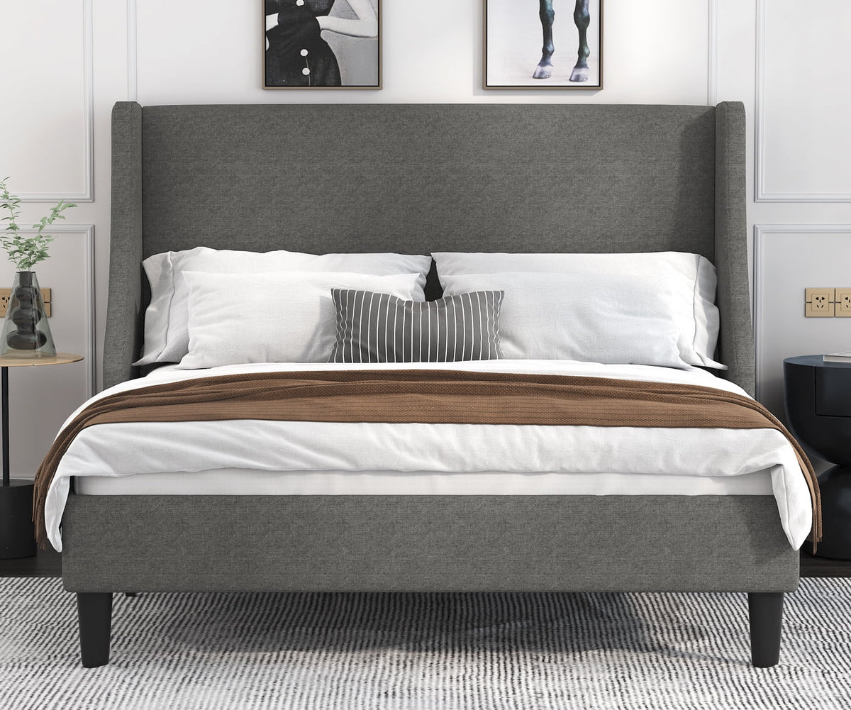 Full Size Fabric Upholstered Platform Bed Frame with Wingback Headboard, Light Grey D60058