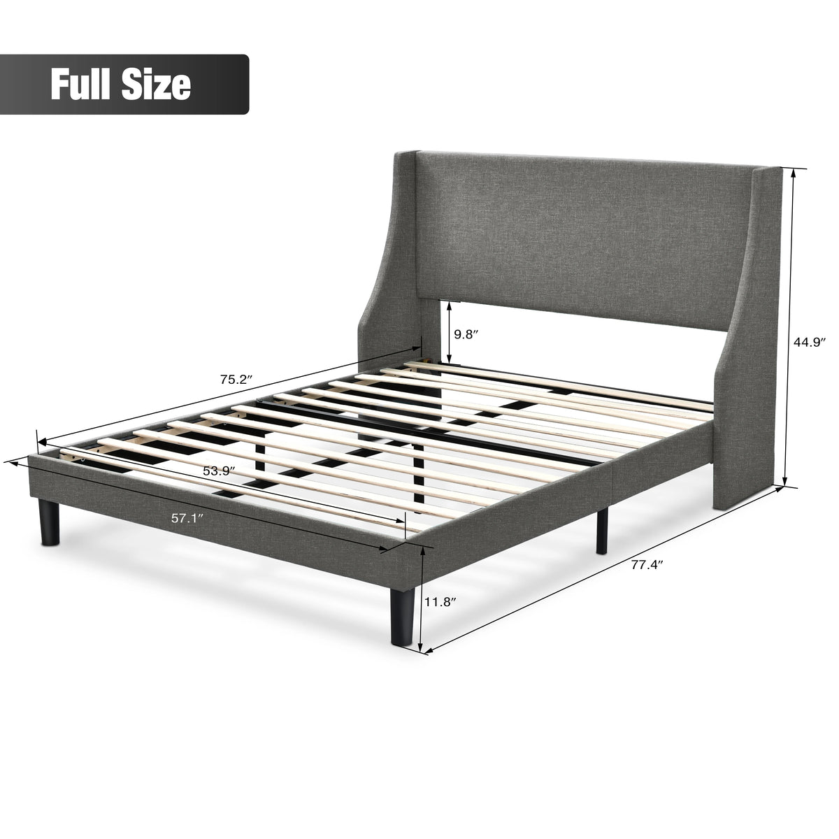 Full Size Fabric Upholstered Platform Bed Frame with Wingback Headboard, Light Grey D60058