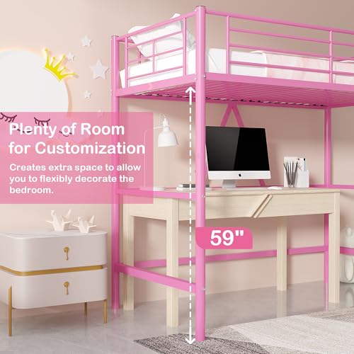 Pink Twin Size Metal Loft Bed with Ladder and Guardrail A8546