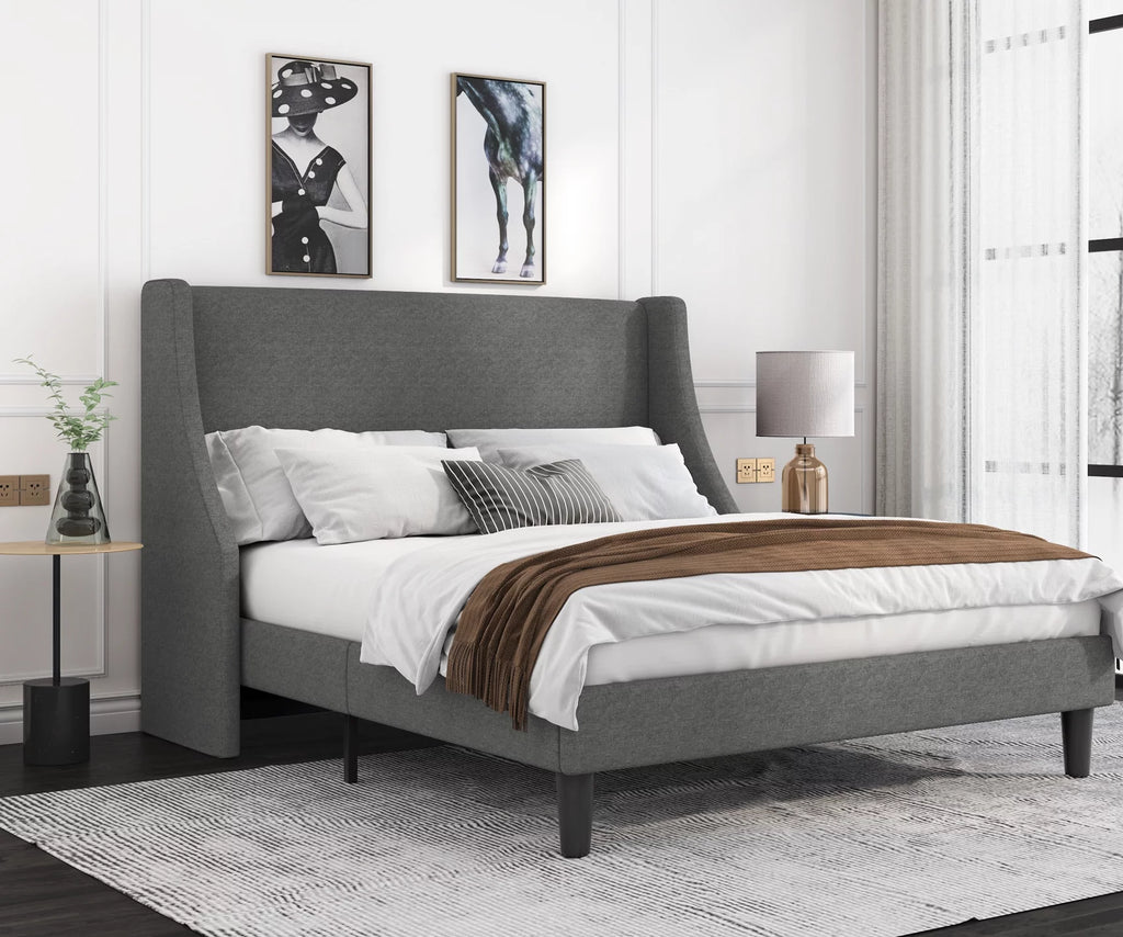 Full Size Fabric Upholstered Platform Bed Frame with Wingback Headboard, Light Grey D60058