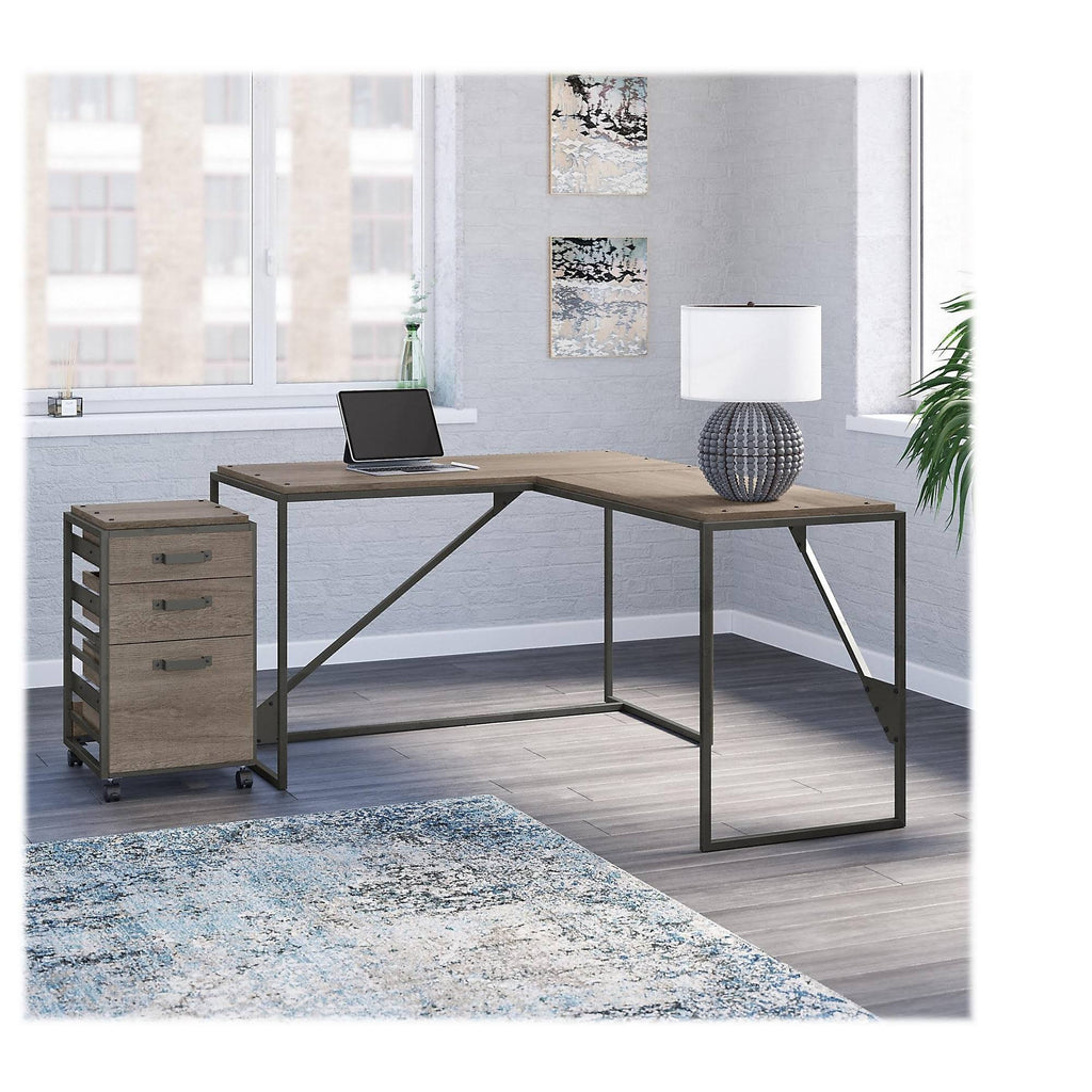 50W L Shaped Industrial Desk with 3 Drawer File Cabinet, Gray T631