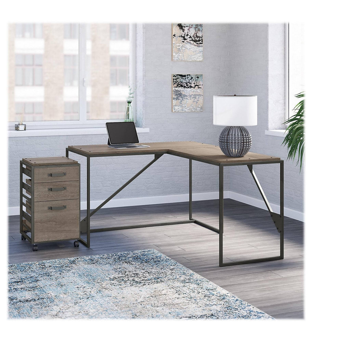 50W L Shaped Industrial Desk with 3 Drawer File Cabinet, Gray T631