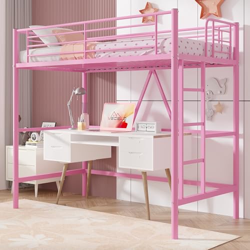 Pink Twin Size Metal Loft Bed with Ladder and Guardrail A8546