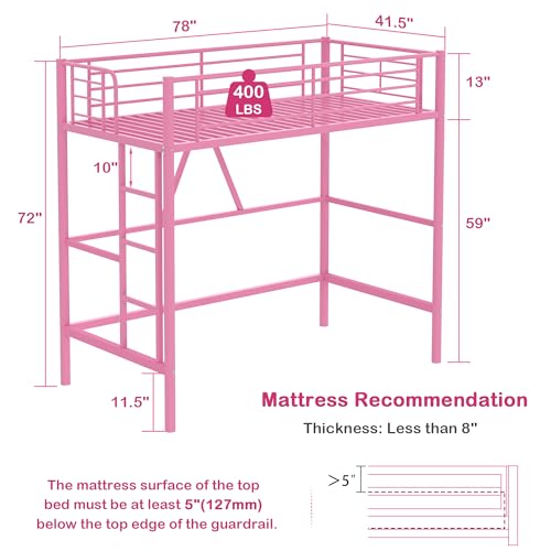 Pink Twin Size Metal Loft Bed with Ladder and Guardrail A8546