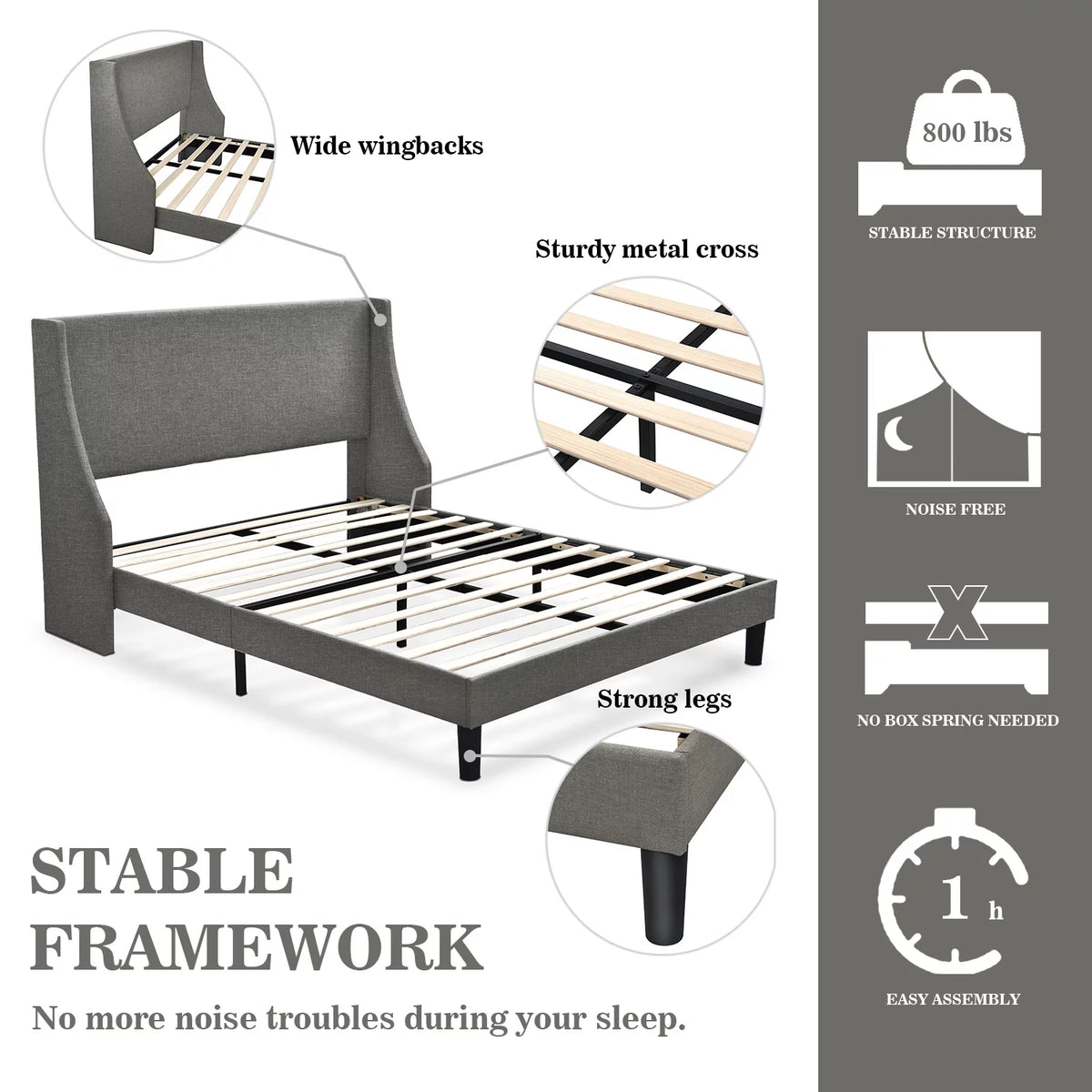 Full Size Fabric Upholstered Platform Bed Frame with Wingback Headboard, Light Grey D60058
