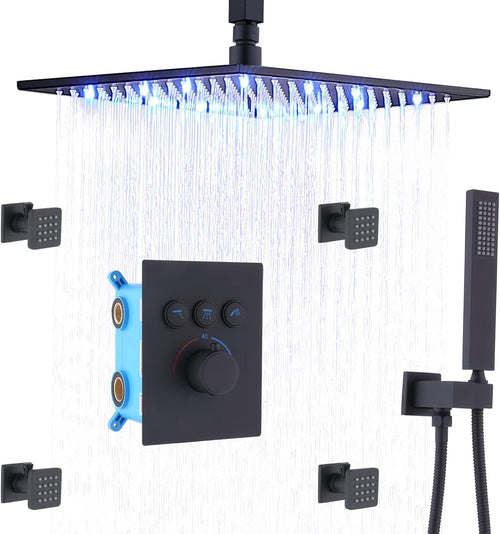 12 Inch Ceiling Rain Shower Head Combo System with Body Jets and Handheld Shower Faucet Set Matte Black T1835