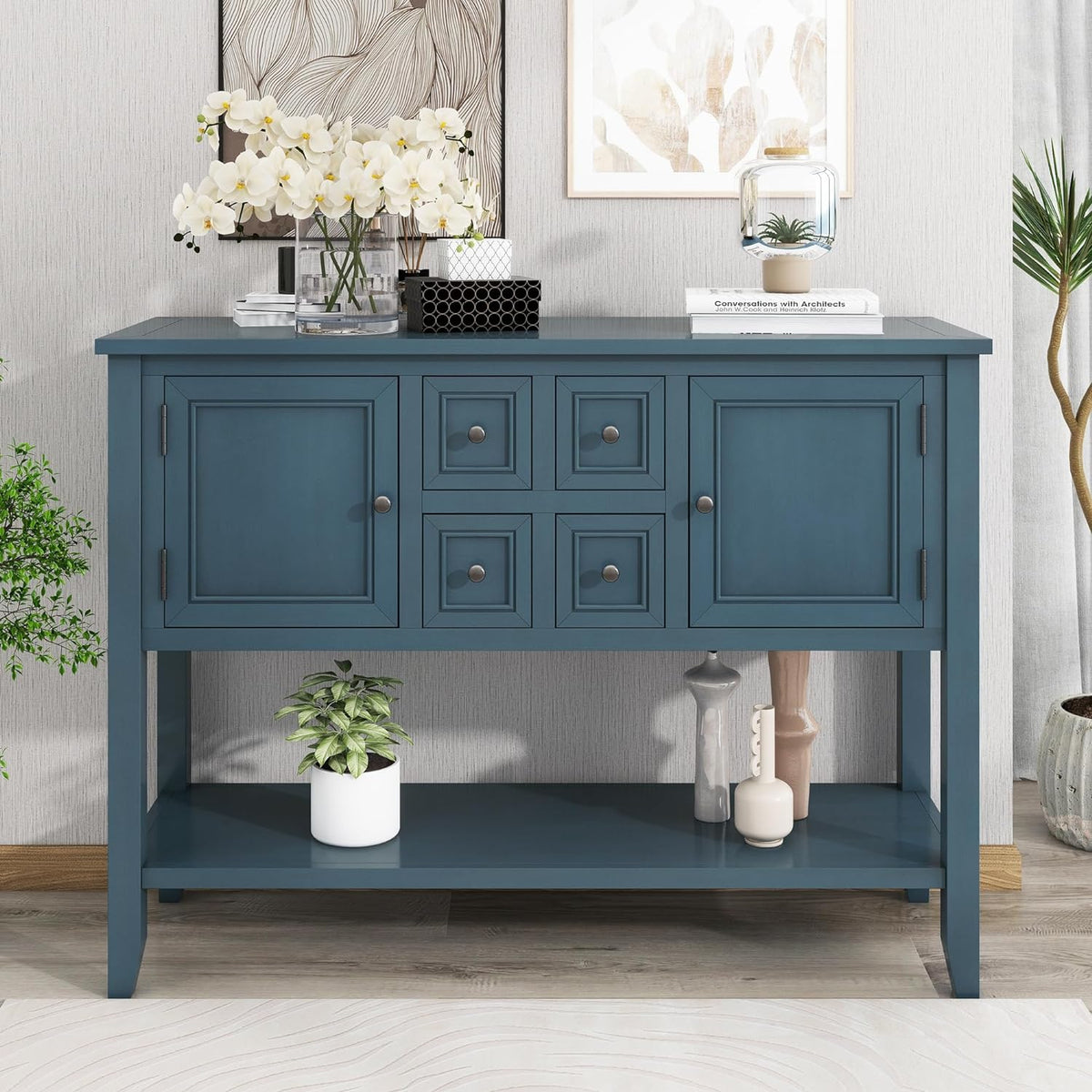 Light Navy Solid Wood Console Table with 4 Drawers and 2 Cabinets R373