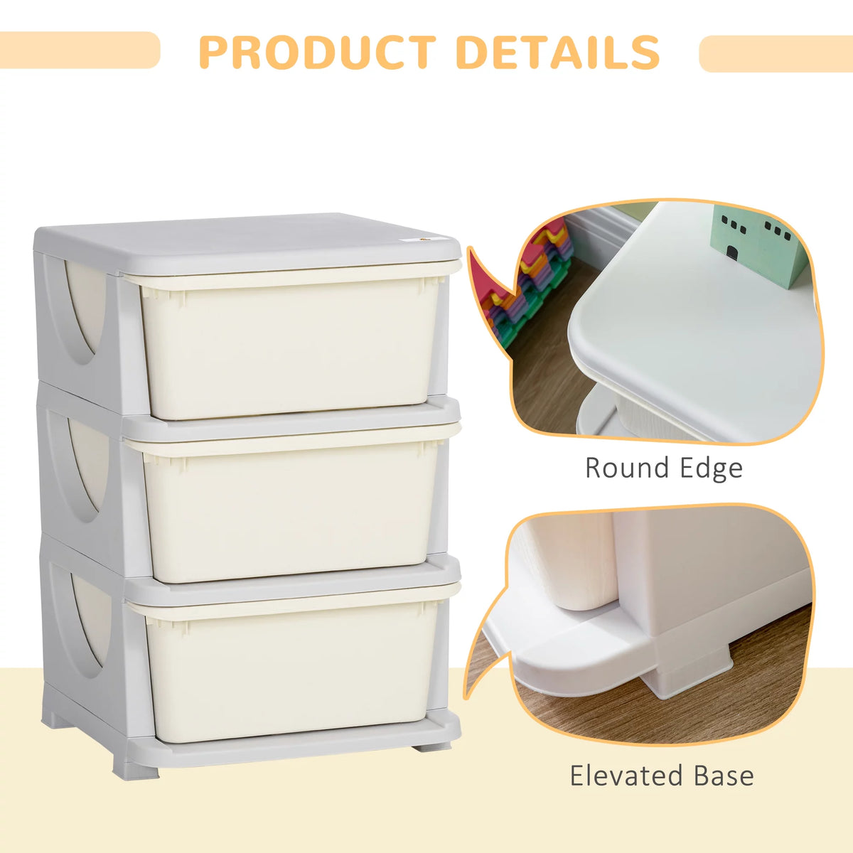 3 Tier Kids Storage Unit Dresser Tower Cream White F433