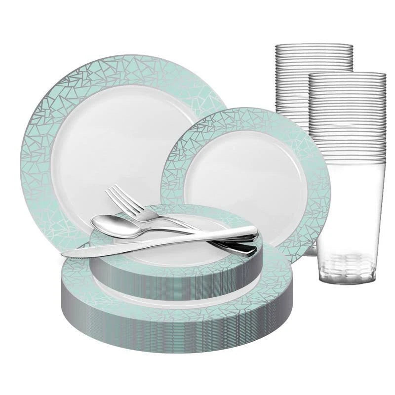 60 Settings White Turquoise Blue Silver Mosaic Rim Round Plastic Wedding Value Set Q592
