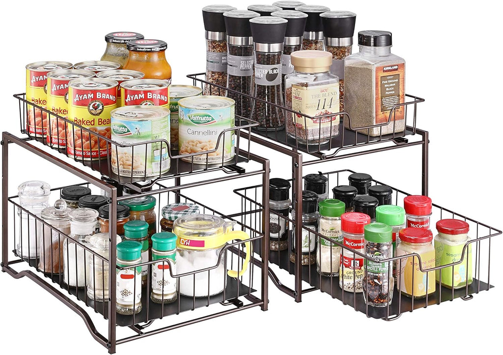 2 Pack Stackable 2-Tier Spice Rack with Sliding Storage Drawer, Rose Gold Q354976
