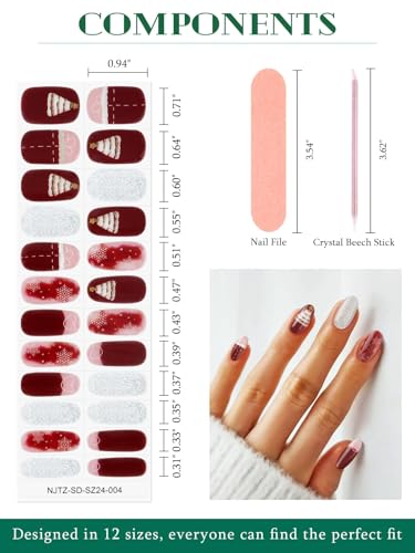 24PCS Christmas Semi Cured Gel Nail Strips Pink Glitter UV Wraps with File and Stick J260232