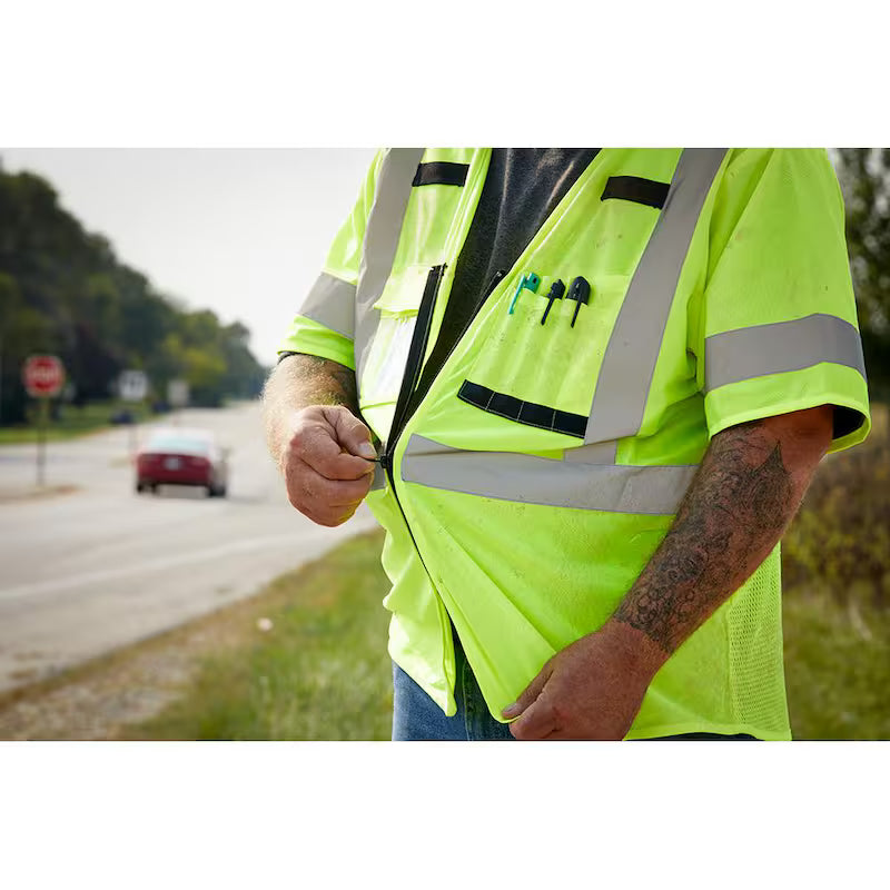 Yellow Class 3 High Visibility Safety Vest with 10-Pockets and Sleeves R7944