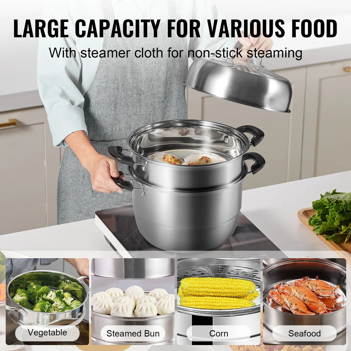 3 Tier 8.5QT 304 Stainless Steel Steamer Pot with 2 Steaming Tray X721