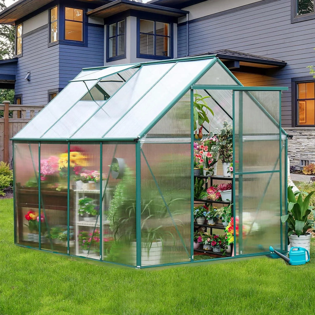 8x6FT Polycarbonate Walk in Greenhouse with Window & Sliding Door X432260