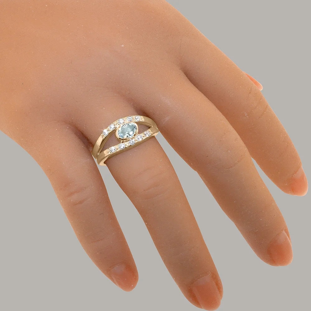 18k Rose Gold Natural Aquamarine & Diamond Womens Band Ring I4048