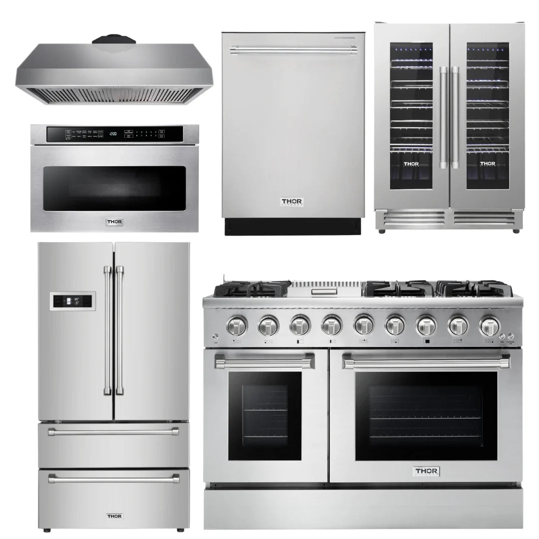48 Gas Range, Range Hood, Refrigerator, Dishwasher, Microwave, Wine Cooler X813529