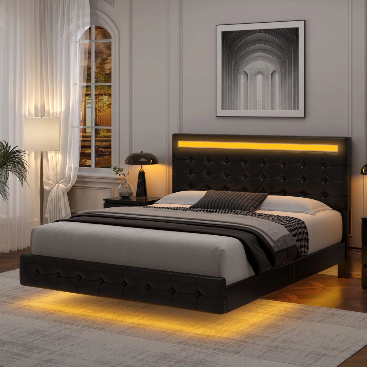 White Queen Floating LED Platform Bed with Storage G16950