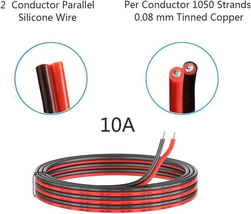 10 Gauge Silicone 2 Conductor Parallel Wire, 33ft, Red Black Z1220
