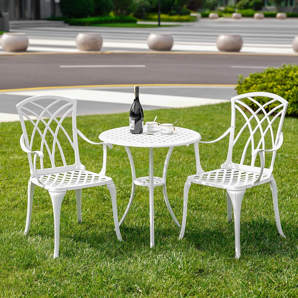 White Bistro Set with Umbrella Hole Cast Aluminum E95792
