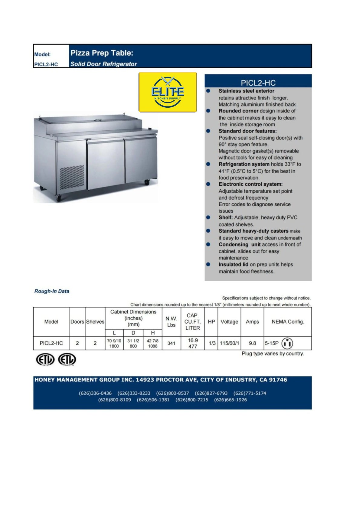 Commercial Pizza/Salad Prep Stainless Steel Table Refrigerator 16.9 cu. ft. X191701