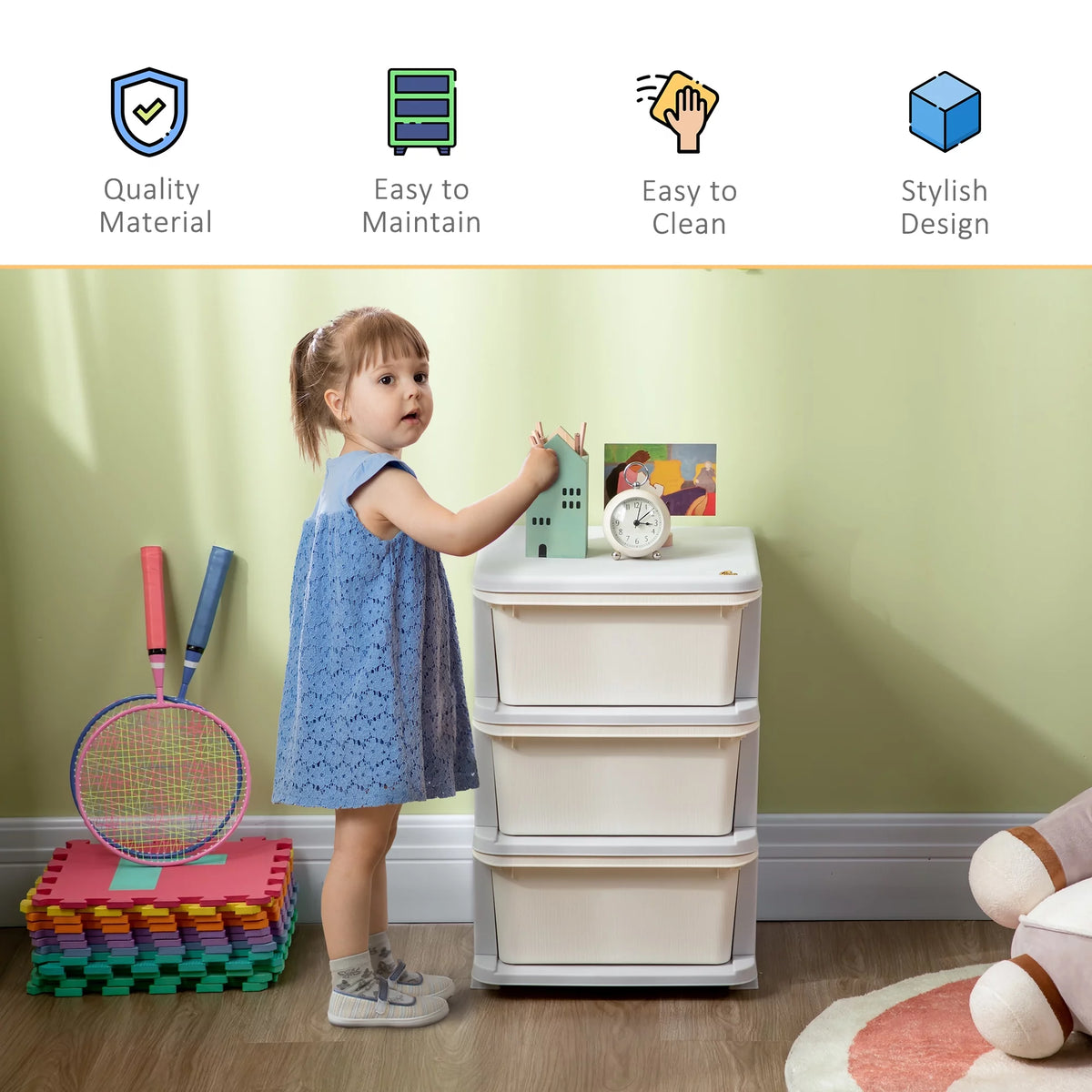 3 Tier Kids Storage Unit Dresser Tower Cream White F433
