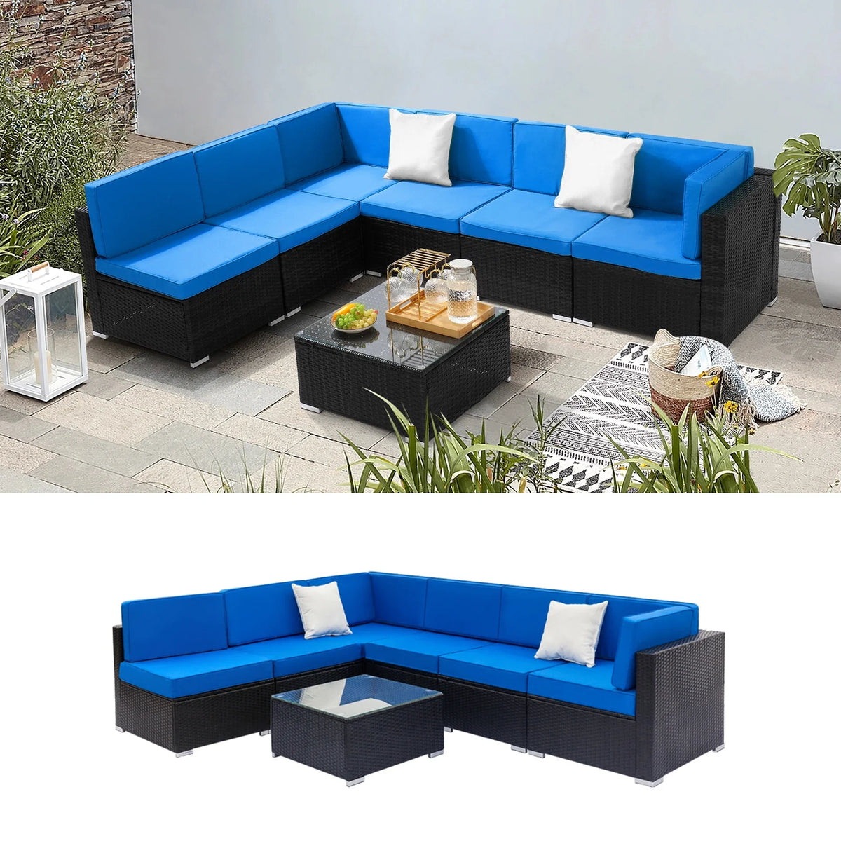 Blue and Black PE Rattan Patio Sectional Set with Table G580