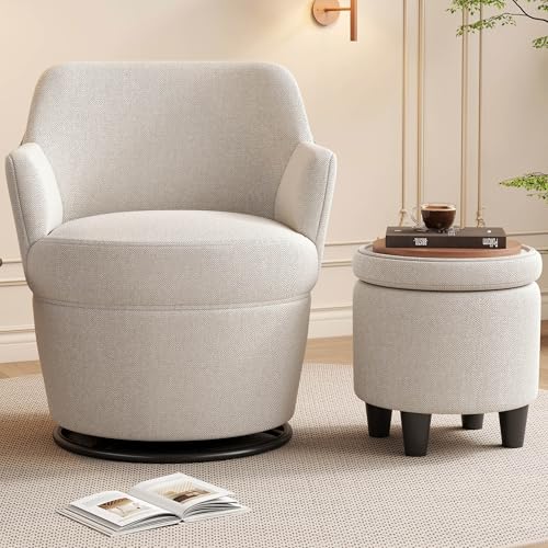 Beige Cotton Linen Upholstered Swivel Chair with Storage Ottoman M850053