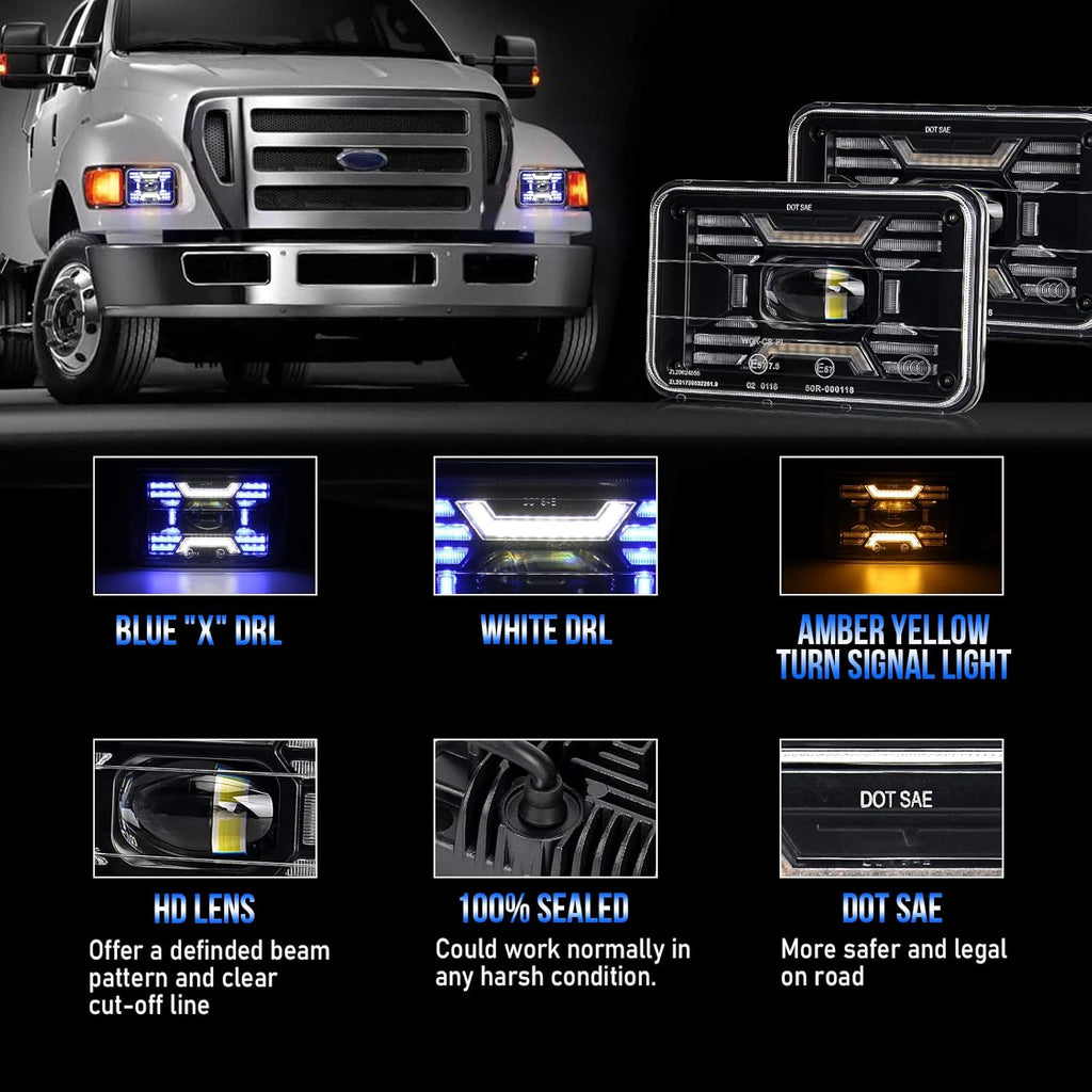 80W Square 4x6 Inch LED Headlight with Halo & Turn Signal Light, 2PC Pack Y623