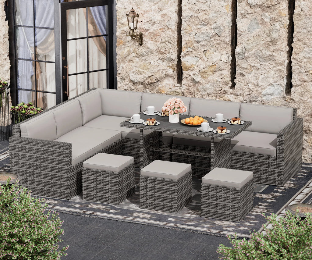 7 Piece PE Rattan Patio Sectional Sofa with Beige Cushions and Table A871