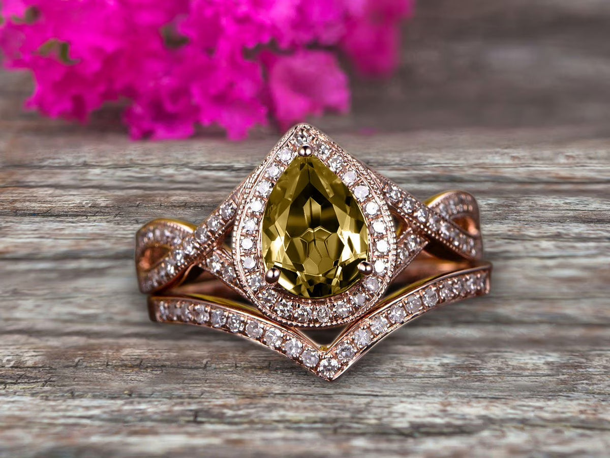 Pear Shape Champagne Diamond Moissanite Ring Set On 10K Rose Gold Halo Bridal Ring C682229