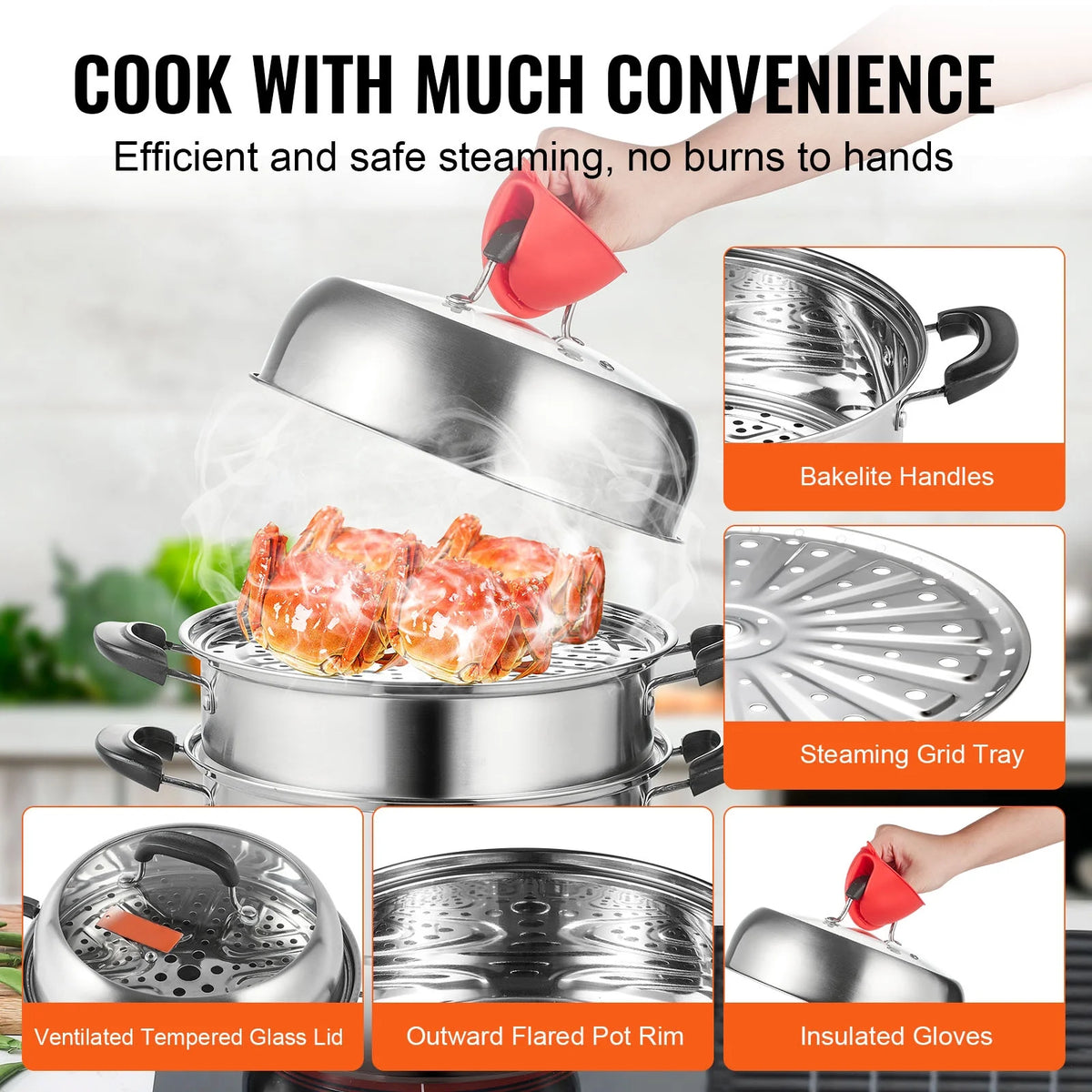 3 Tier 8.5QT 304 Stainless Steel Steamer Pot with 2 Steaming Tray X721