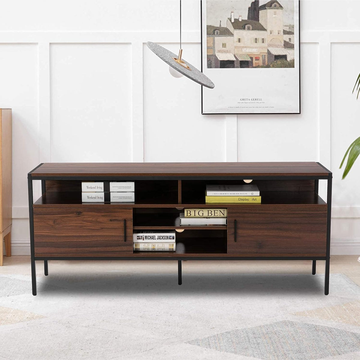 Wooden TV Stand with Metal Frame, 6 Storage Shelves, Industrial Rustic Brown C190